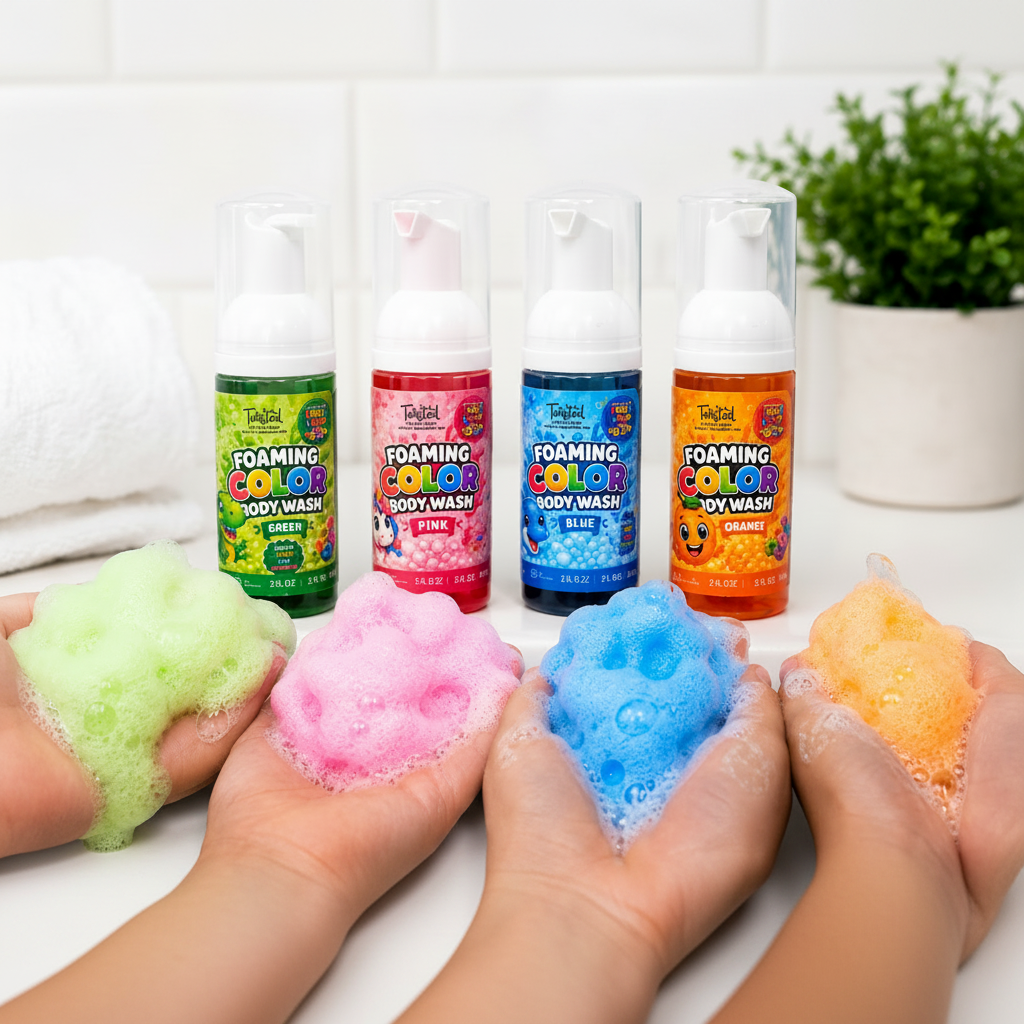 Four Twisted Soap Bar Foaming Color Body Wash bottles with colorful foam lather in hands