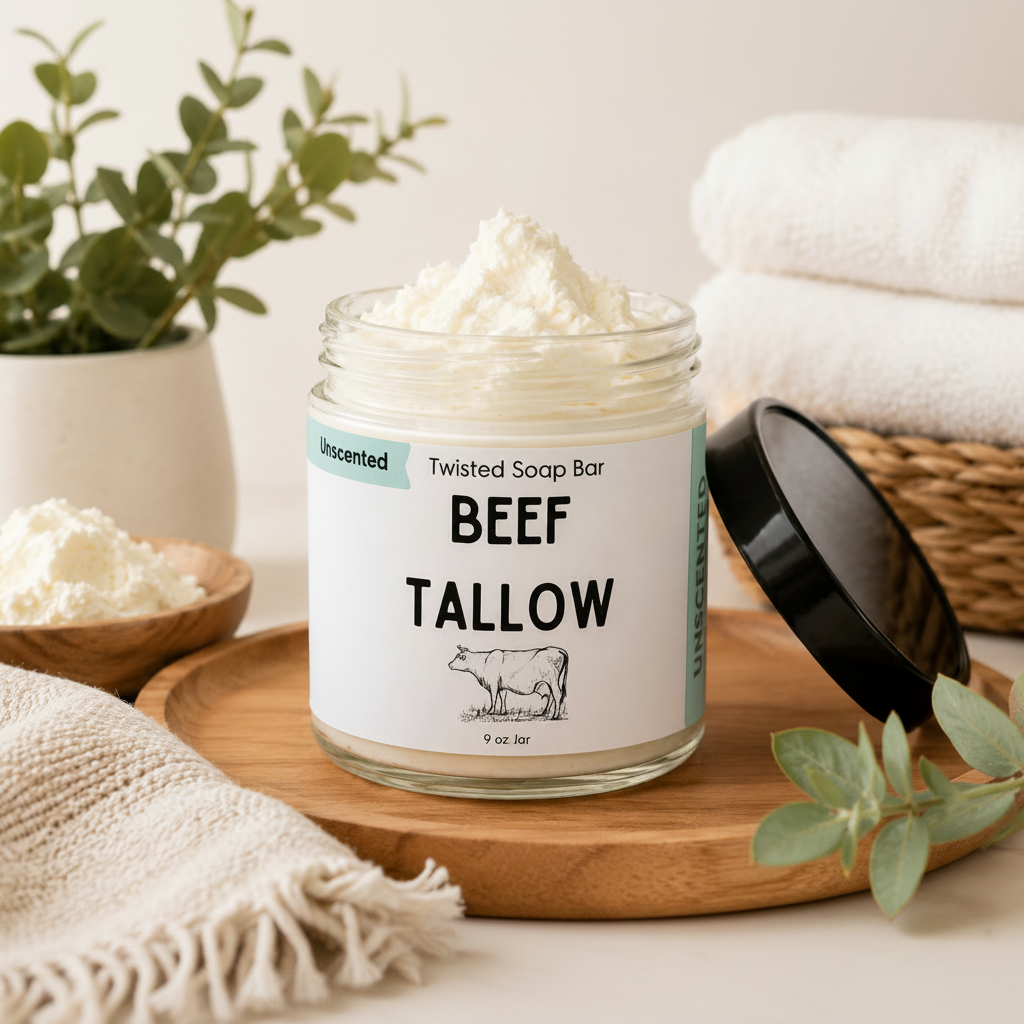 Twisted Soap Bar Beef Tallow Unscented 9oz jar open on wooden tray with natural props